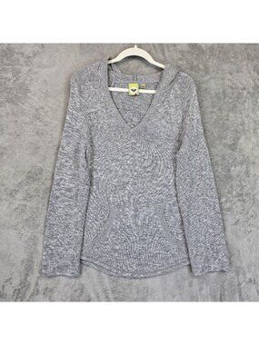 Roxy Sweater Hoodie Womens L Gray V Neck Knit Pullover Kangaroo Pocket
